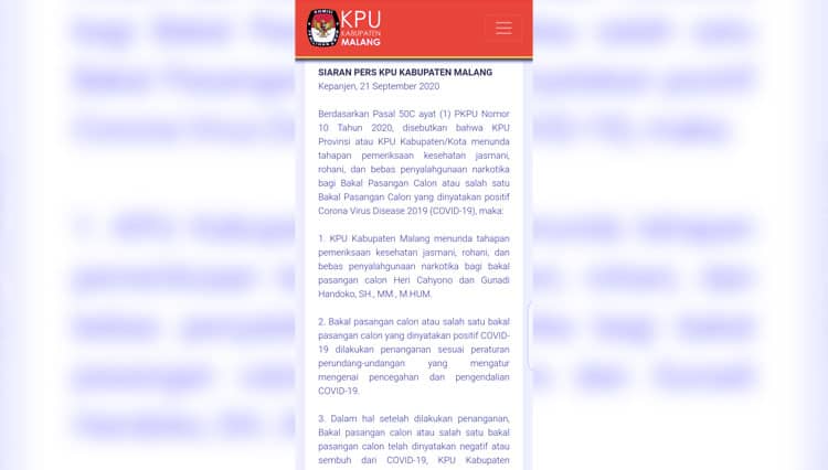 Ada yang Terpapar Covid-19, KPU Kabupaten Malang Tunda Tes Kesehatan Bakal Pasangan Calon Perseorangan